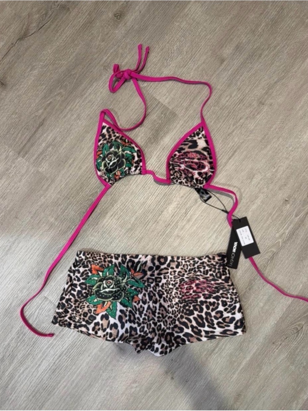 Fashion Nova Leopard Print Bikini Set with Hot Pink Trim